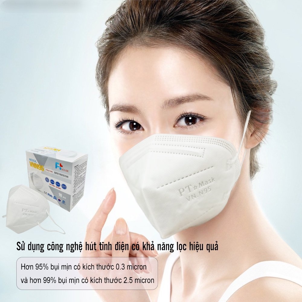 Khẩu Trang VNN95 PT Mask, 5 Lớp, kháng Khuẩn, Chống Bụi Siêu Mịn PM2.5, Màu Trắng - Đạt Các Chứng Chỉ ISO 9001, CE, FDA