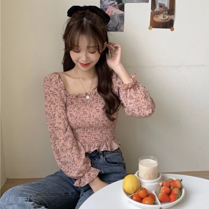 Áo chiffon dài tay in hoa thời trang mùa hè xinh xắn cho nữ