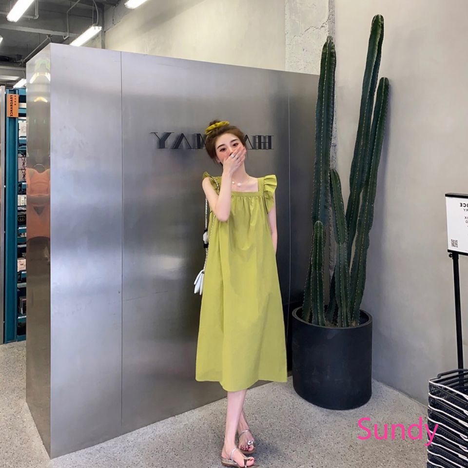 Đầm Cổ Vuông Dáng Rộng Màu Trơn Thời Trang Mùa Hè Hàn Quốc Plus Size Cho Nữ