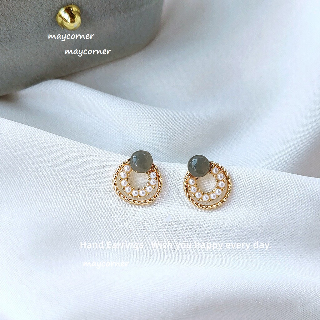 Bông tai đính ngọc tròn Mạ bạc 925 cao cấp B359