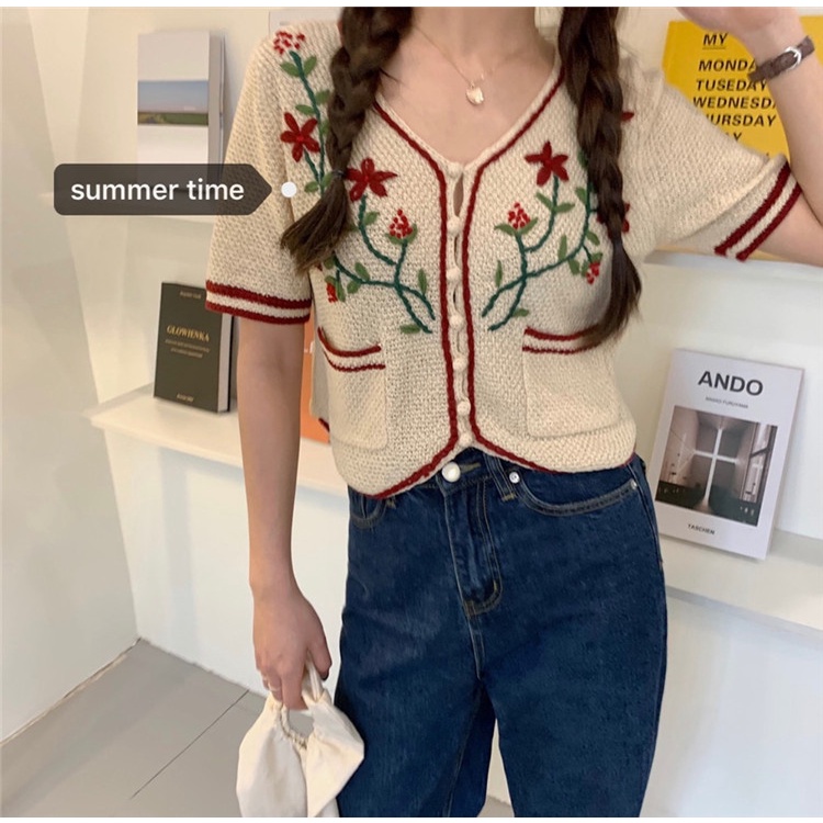 Áo Dệt Kim Ngắn Tay Cổ Chữ V Thêu Hoa Thời Trang Mùa Hè Phong Cách Hàn Quốc Vintage Mới Cho Nữ