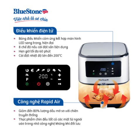 Nồi chiên không dầu điện tử BlueStone AFB-5878 - 5.5 Lít, Công nghệ làm nóng Rapid Air, Bảo hành chính hãng 2 năm