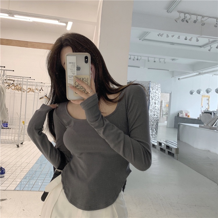 Áo Thun Tay Dài Cổ Chữ U Màu Sắc Đơn Giản Cho Nữ