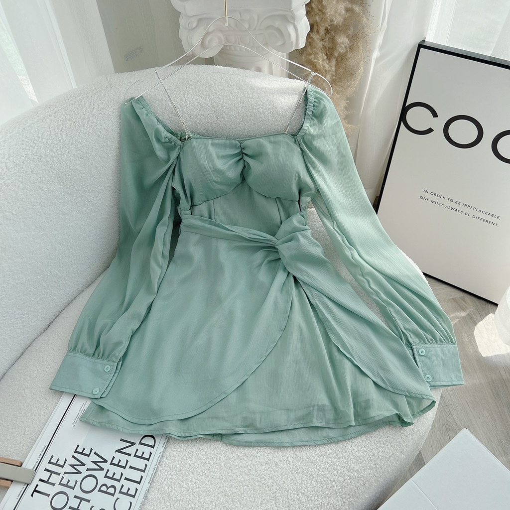 ĐẦM XANH NGỰC NHÍU TÀ ĐẮP XOẮN EO