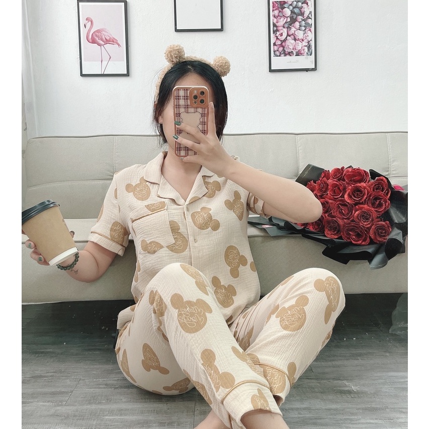 Bộ mặc nhà Pyjama chất xô muslin Tea Store áo cộc quần dài họa tiết dễ thương