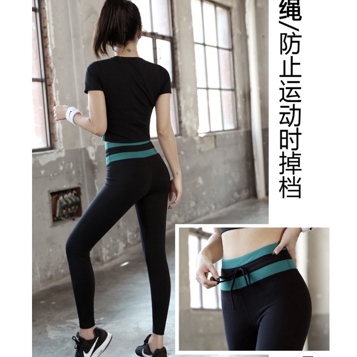 Bộ croptop áo cộc tay đen phối xanh quần dài kín đáo gọn người thích hợp tập gym, yoga erobic, chạy bộ...