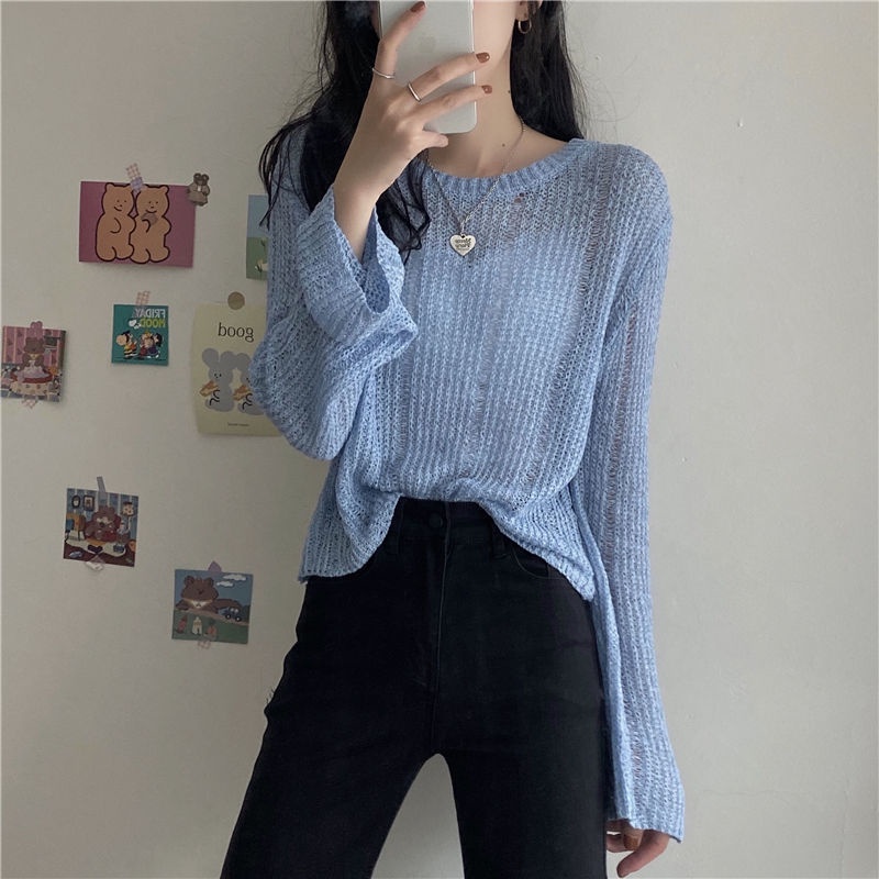 Áo dệt kim mỏng tay dài dáng rộng khoét lỗ phong cách Hàn Quốc thời trang cho nữ