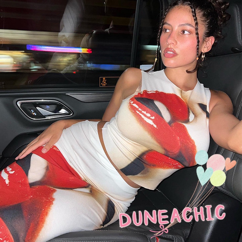 Bộ Áo Tank Top 2 Dây + Chân Váy Dài In Họa Tiết Thời Trang Cho Nữ