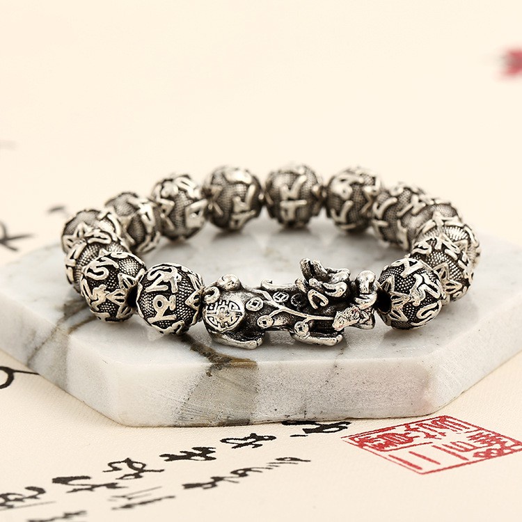 Vòng Tay Chuỗi Hạt Đá Obsidian Bạc 3D Cao Cấp