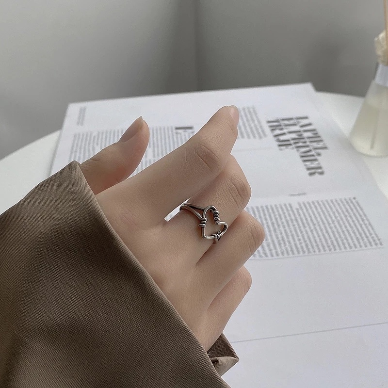 Nhẫn mở màu bạc hình trái tim đơn giản thời trang có thể điều chỉnh kích thước cho nữ
