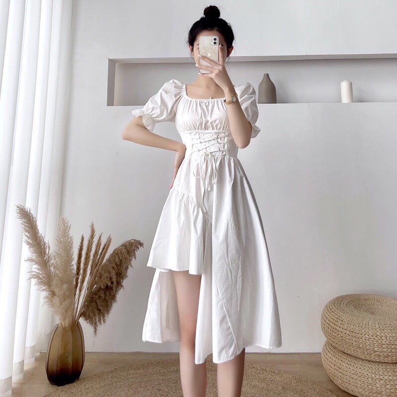 Váy Suông Cổ Vuông Lệch Tầng Dáng Dài Ulzzang Váy Nữ Ngắn Tay Đan Dây Eo Mầu Trắng Tinh Khôi ( Hàng Sẵn)