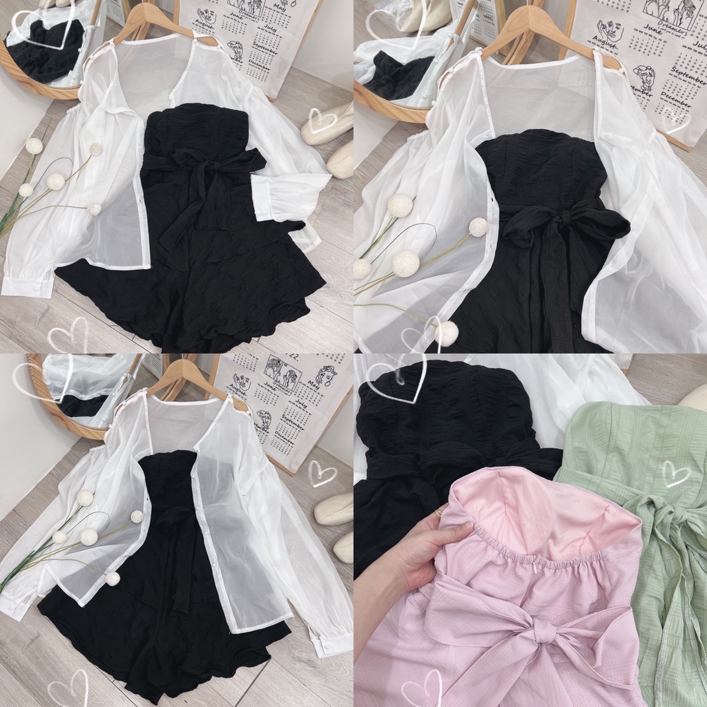 Set jump xanh mint + áo khoác trắng phong cách dạo phố năng động sexy