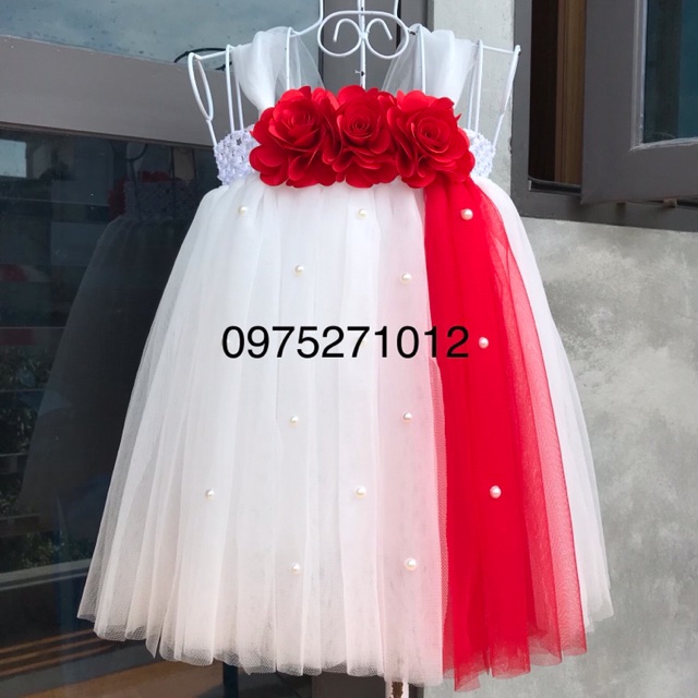 Đầm cho bé ❤️FREESHIP❤️ Đầm công chúa trắng hoa hồng đỏ dải đỏ