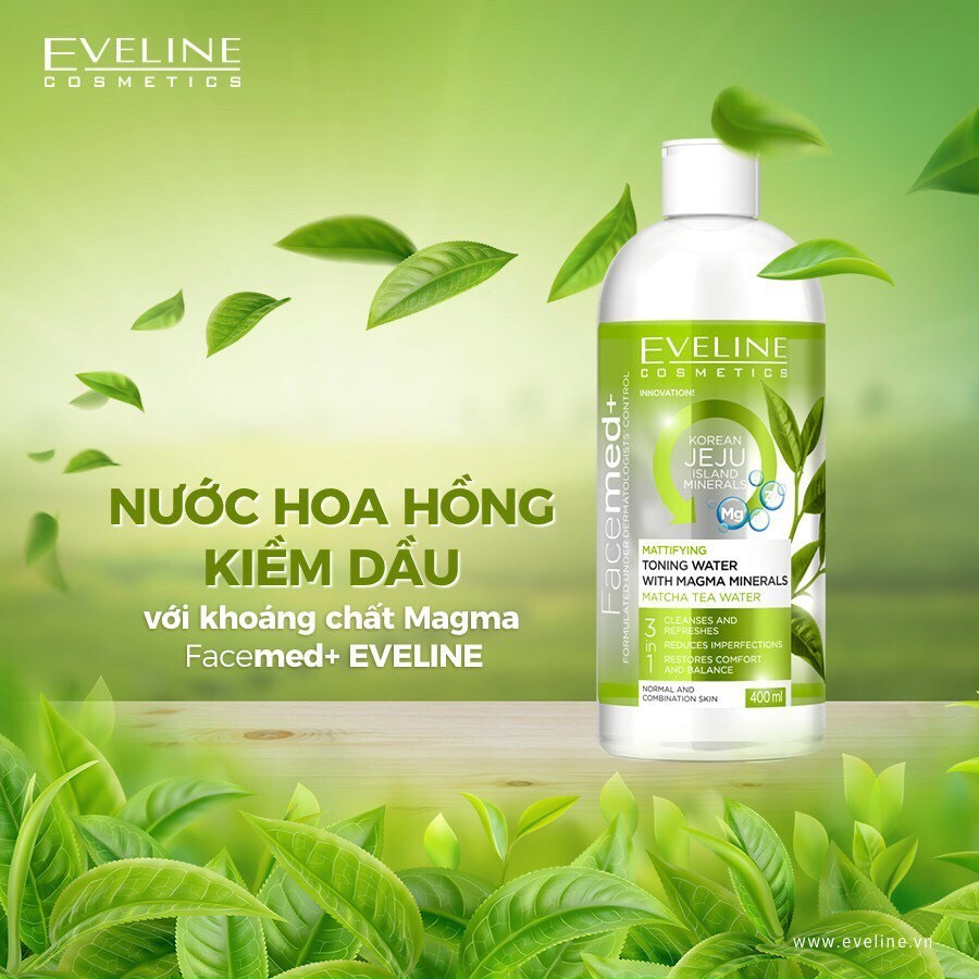 Nước Hoa Hồng Eveline Facemed+ Magma Chiết Xuất Trà Xanh Cấp Ẩm và Kháng Khuẩn Cho Da 400ML