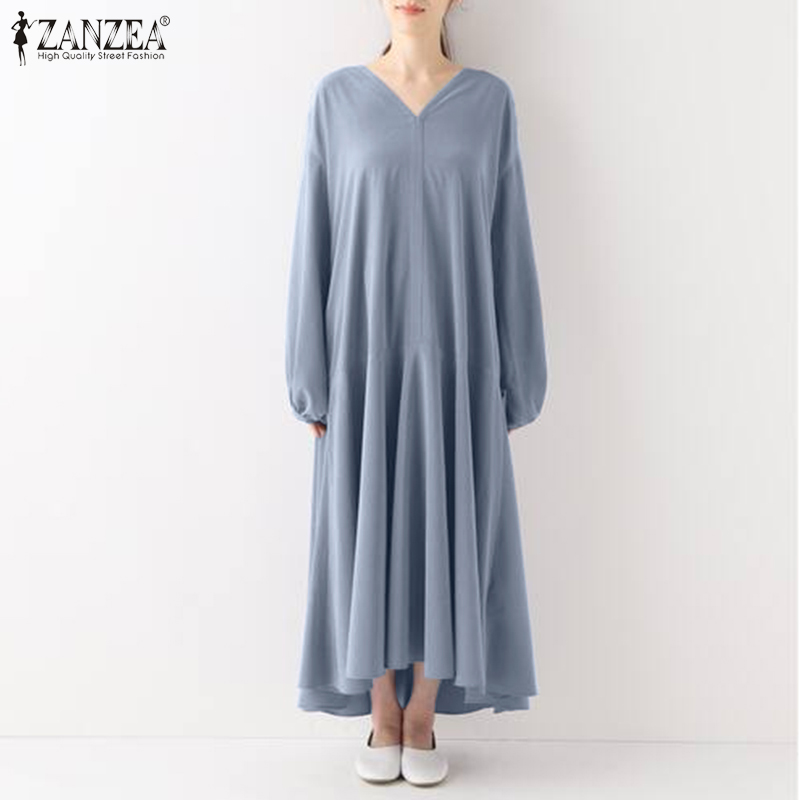 Đầm Maxi ZANZEA Cổ V Tay Phồng Màu Trơn Thời Trang Cho Nữ