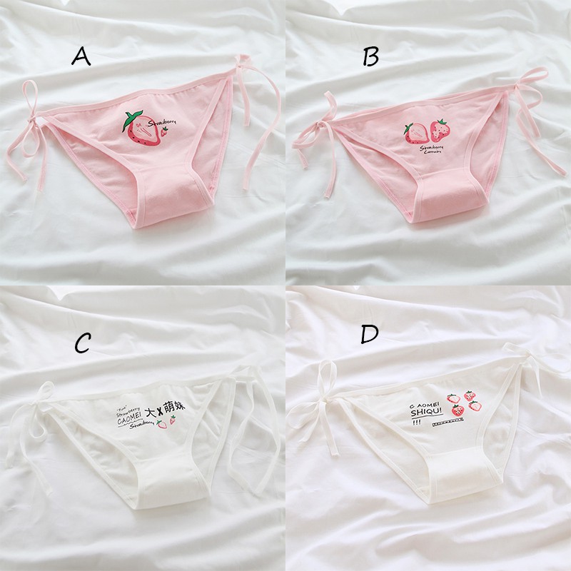 Strawberry Printed Lace-Up Cotton Briefs Comfortable Low Waist Panties For Women