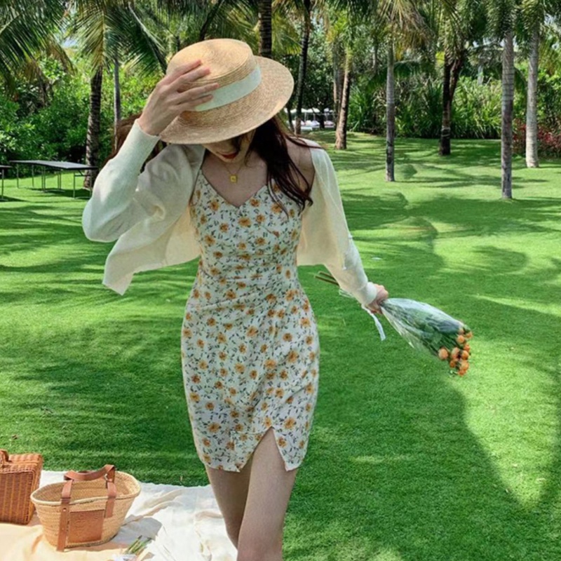 Đầm hai dây PERTY họa tiết hoa vàng phong cách Hàn Quốc thời trang mùa hè cho nữ