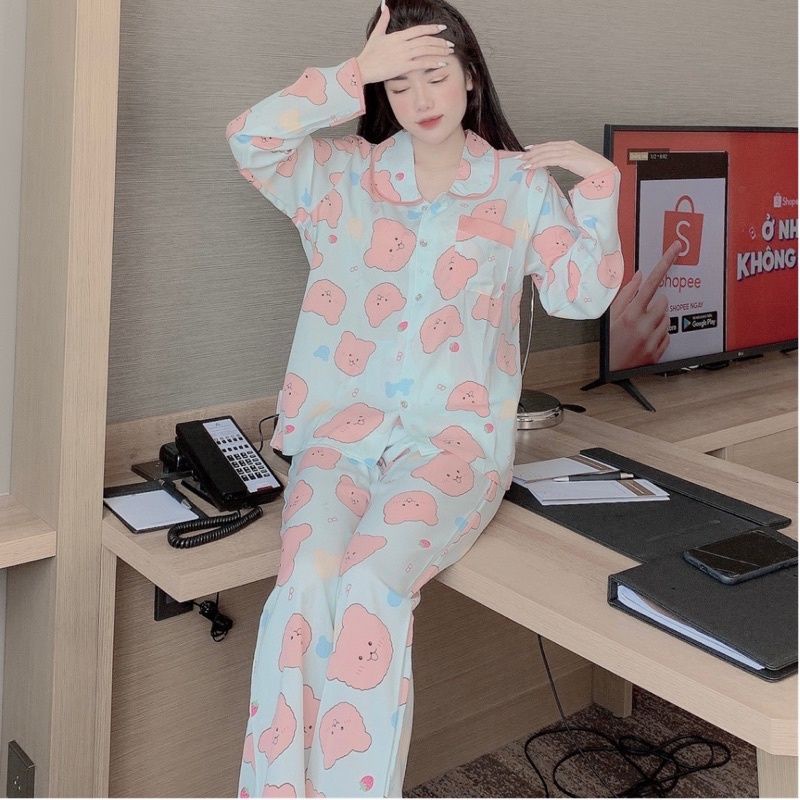 Đồ bộ pijama, bộ lụa satin dài tay viền bèo tiểu thư hoạ tiết gấu xinh