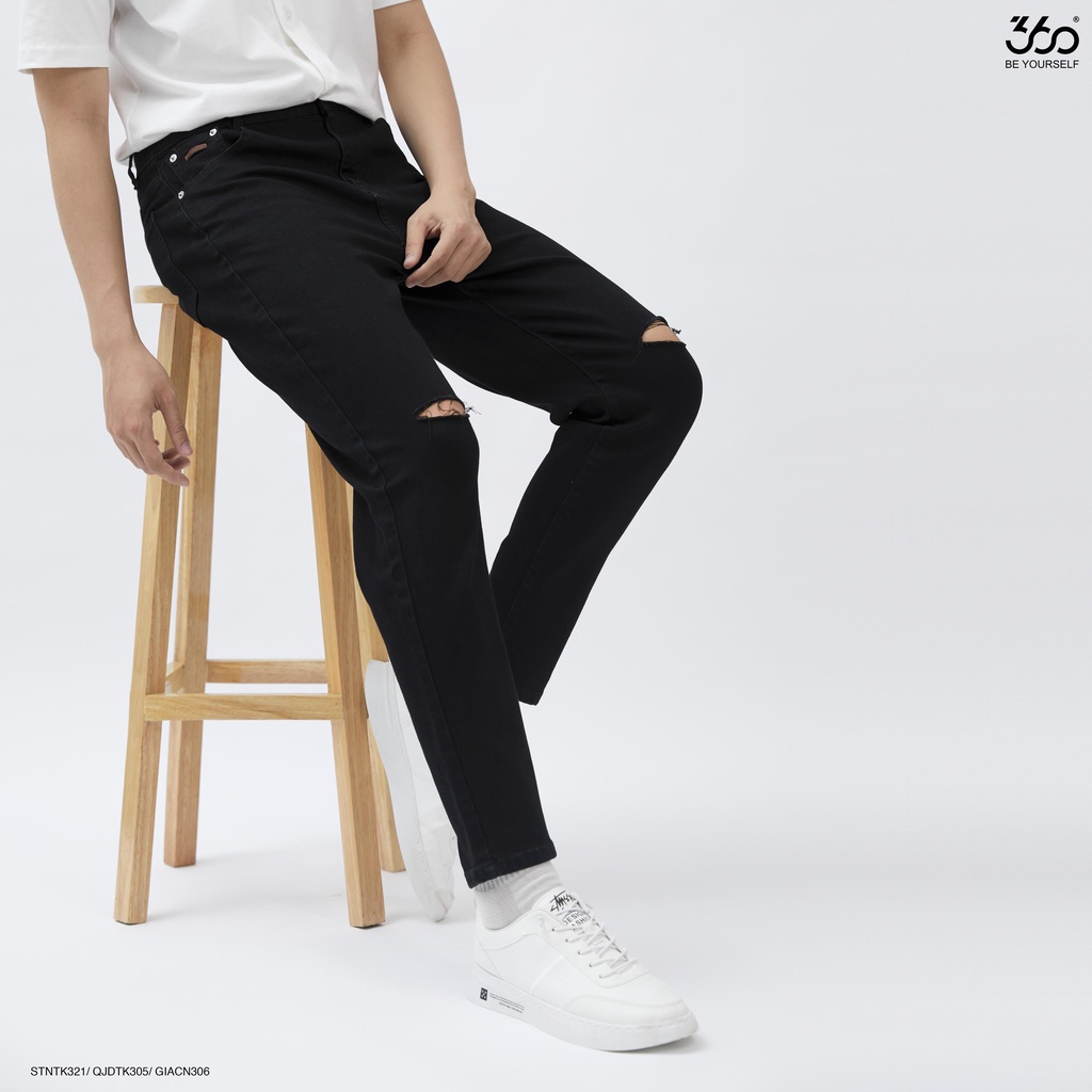Quần jean nam đen rách gối slimfit thương hiệu 360 Boutique chất liệu cao cấp  - QJDTK305
