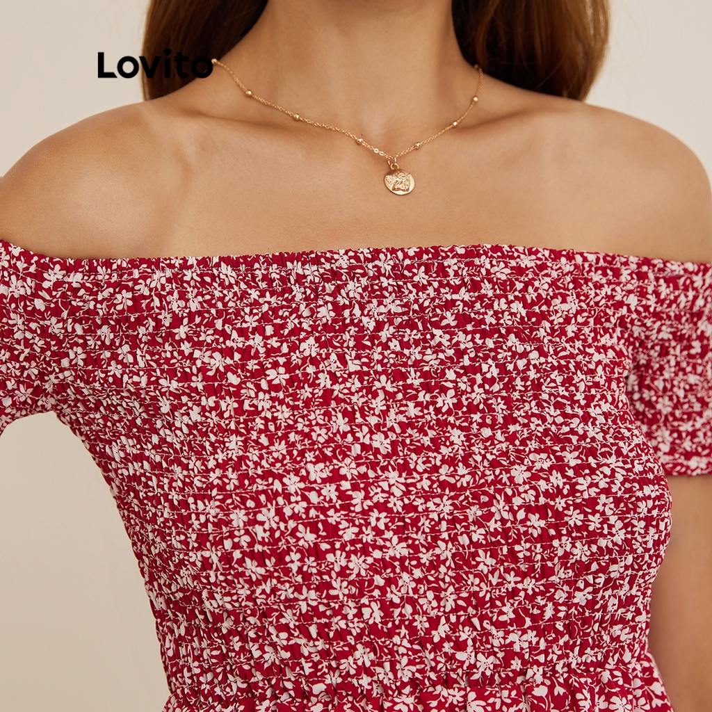 Đầm Lovito trễ vai xếp nếp họa tiết hoa phong cách thường ngày L19D272 (Màu đỏ)