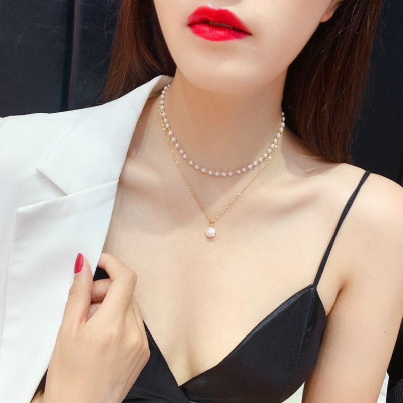 Vòng cổ nữ - Chocker 2 lớp đính đá ngọc trai nhân tạo phong cách hiện đại cá tính