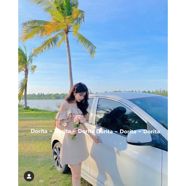 Váy 2 dây trễ vai viền bèo, Váy trắng dự tiệc viền bèo dáng xòe