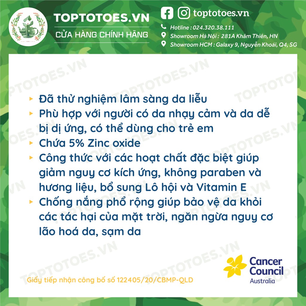 [Mã SKAMSALE10 giảm 10% đơn 200K] Kem chống nắng dành cho Da nhạy cảm Cancer Council Sensitive SPF 50+/ PA +++