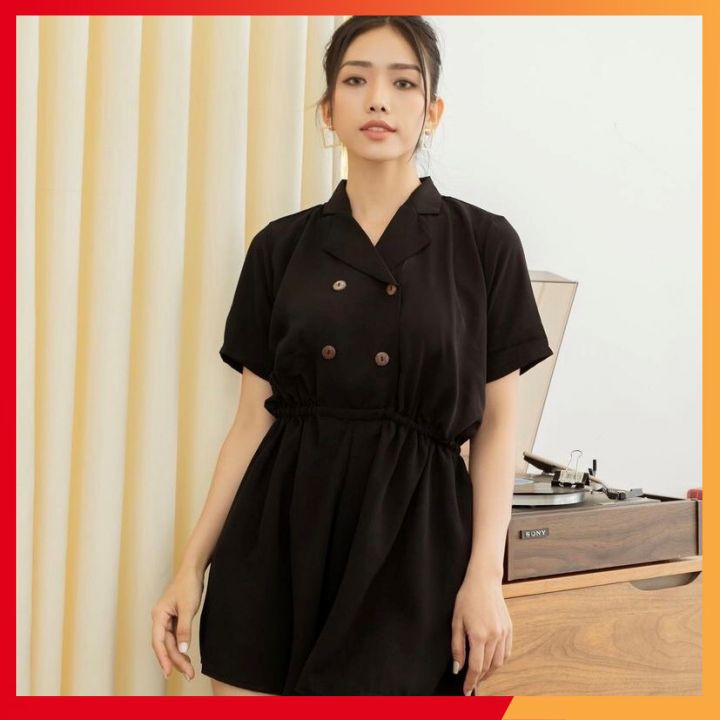 Jumpsuit đen ⚡𝗙𝗥𝗘𝗘 𝗦𝗛𝗜𝗣⚡ Jump nữ cổ sơ mi, có chun thắt eo phối cúc đính siêu đẹp, cam kết hàng y hình