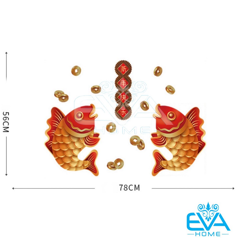Decal Dán Tường Dán Kính Trang Trí Tết Họa Tiết Cá Chép Đồng Tiền May Mắn SK6125 M3145