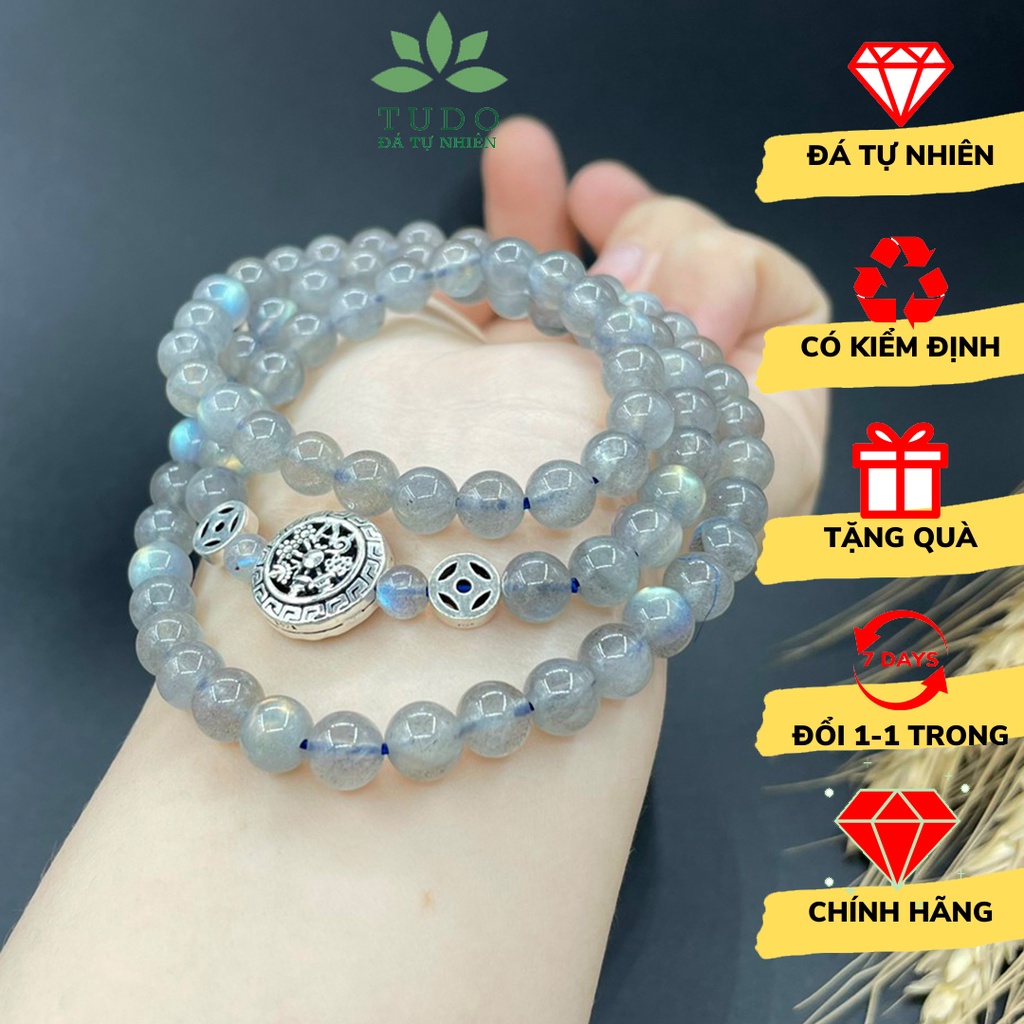 Vòng tay charm bạc TUDO Xà Cừ xám ánh xanh 6li mix Bánh xe pháp luân, 2 kim tiền - nữ Kim Thủy