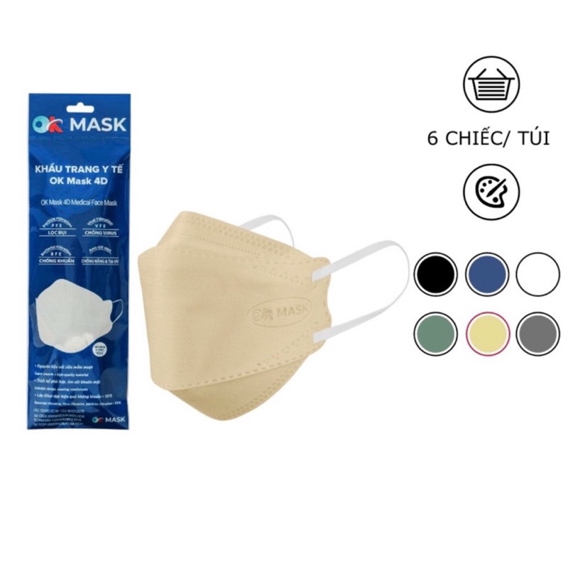 KTYT 4D Ok Mask (1 Túi 6 Cái) , Theo Thiết Kế KF94,Đạt Chuẩn Kháng Khuẩn,Công Nghệ Nhật Bản,Ko Dính Son Lên Khẩu Trang