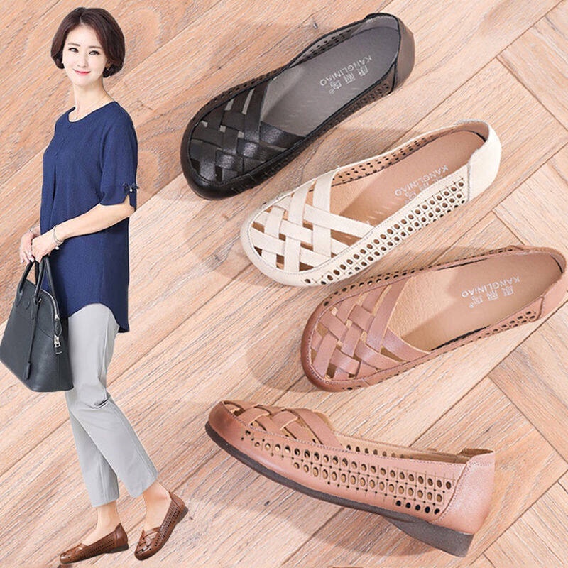 Xăng đan Da Mềm Chống Trượt Thoải Mái Cho Phụ Nữ Trung Niên