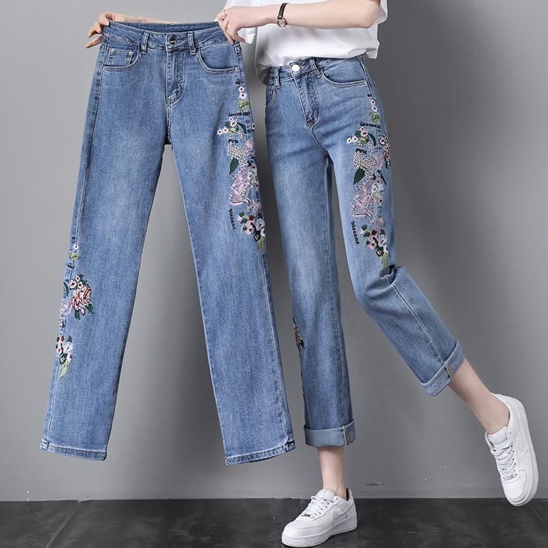 Quần Jeans Ống Đứng Lưng Cao Thêu Hoa Phong Cách Dân Tộc Cho Nữ