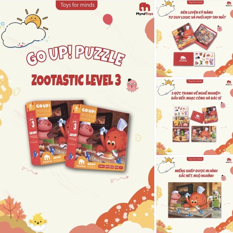Đồ chơi giáo dục, bộ xếp Hình Myndtoys Go Up! Puzzle Level 3 - Zootastic dành cho bé từ 3 tuổi