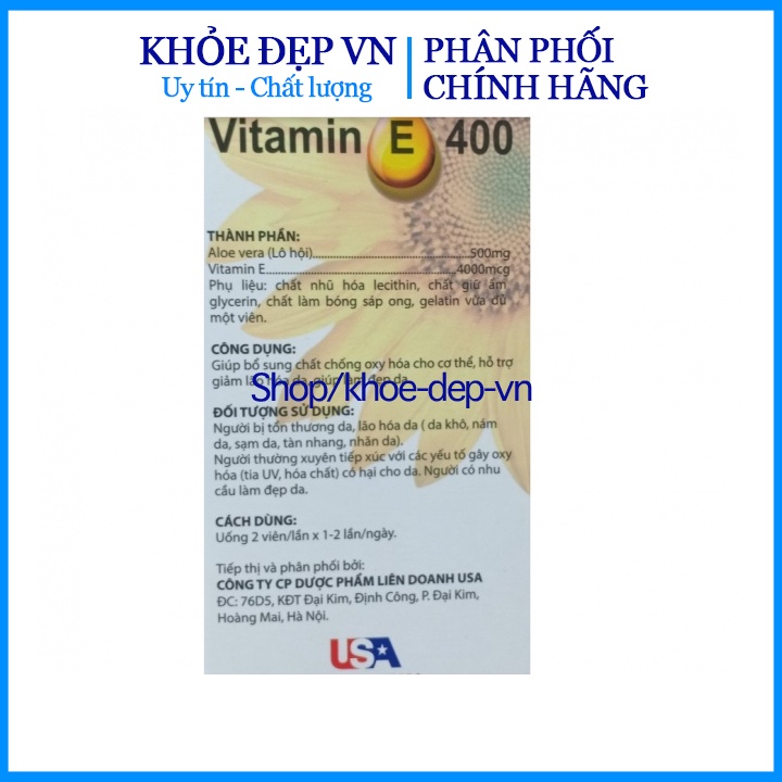 Viên uống đẹp da Vitamin E Vàng USA 4000mcg, Aloe vera 500mg - Hộp 100 viên