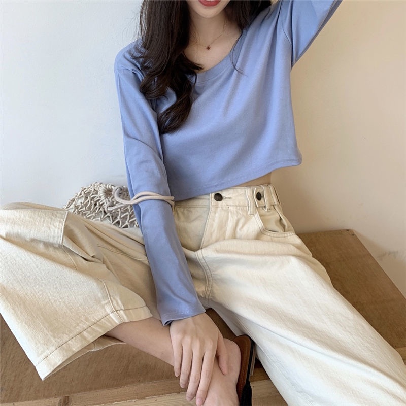 Áo Thun Croptop Tay Dài Dáng Rộng Màu Trơn Kiểu Hàn Quốc Cá Tính Cho Nữ