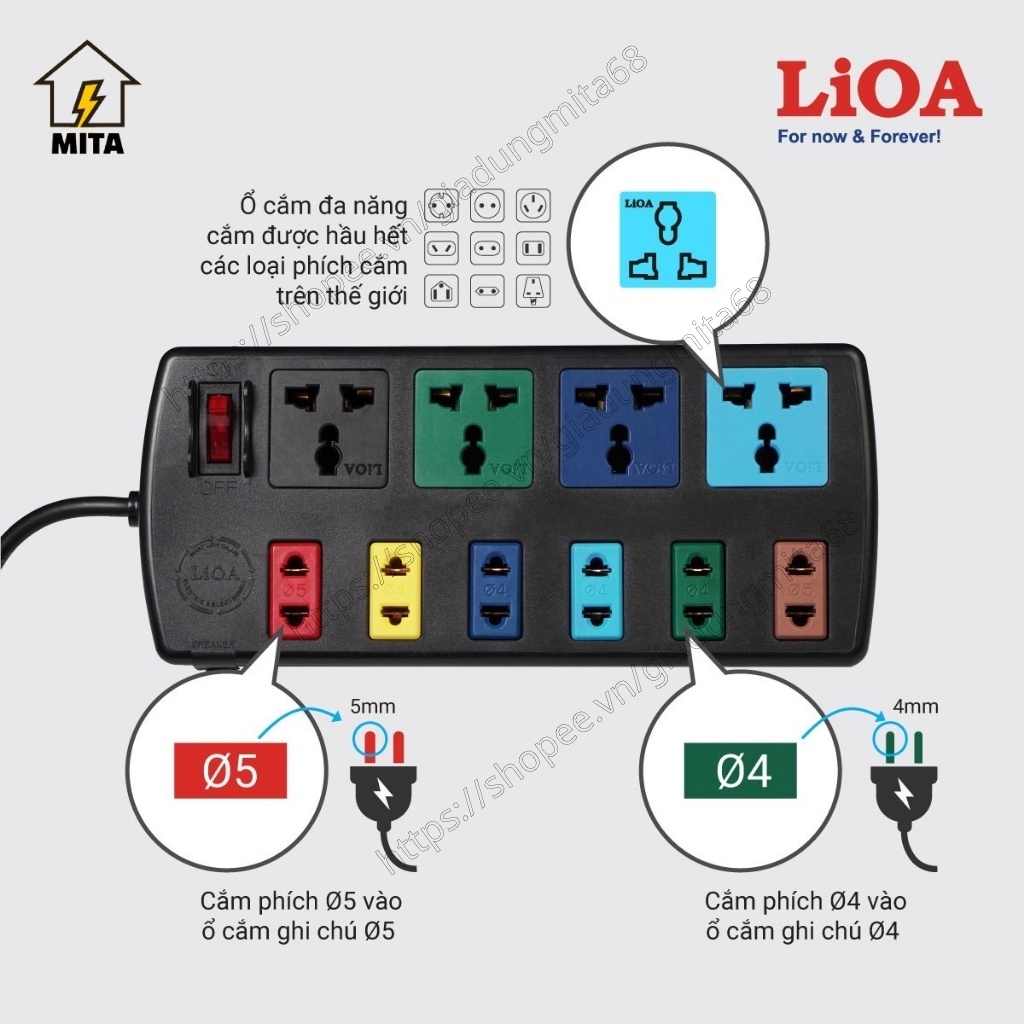 Ổ cắm điện LiOA đa năng 3 lỗ, 4 lỗ, 6 lỗ, 8 lỗ, 10 lỗ dây dài 3m/5m - Chính Hãng - MITA