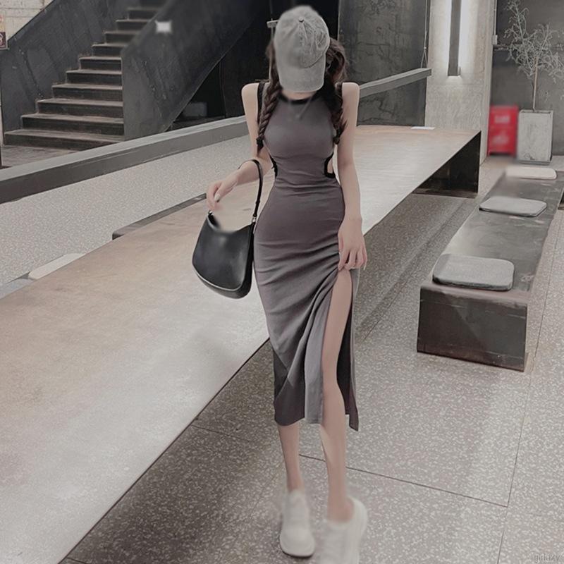 Đầm ôm không tay cổ tròn xẻ tà phong cách Hàn Quốc thời trang cho nữ