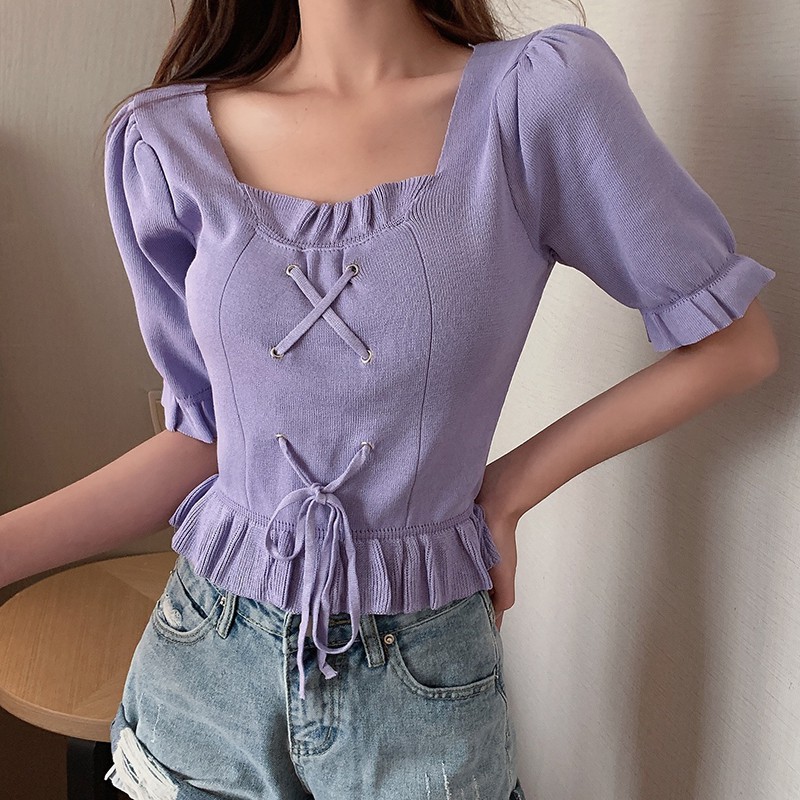 Áo Dệt Kim Tay Ngắn Cổ Chữ U Màu Trơn Đơn Giản Dễ Phối Đồ Cho Nữ