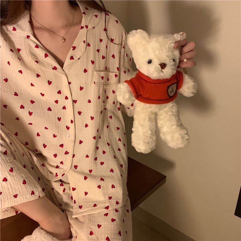 [CÓ SẴN] Đồ Ngủ Pijama dài tay quần dài trái tim đỏ hè thu đông mặc nhà Hàn Quốc ullzang
