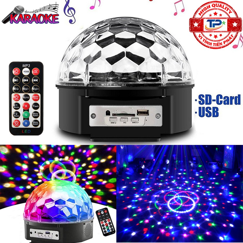 Đèn Led Pha Lê quả cầu xoay 7 màu Karaoke cảm biến nháy theo nhạc, khe cắm USB SD card, MP3 LED Crystal Magic Ball Light