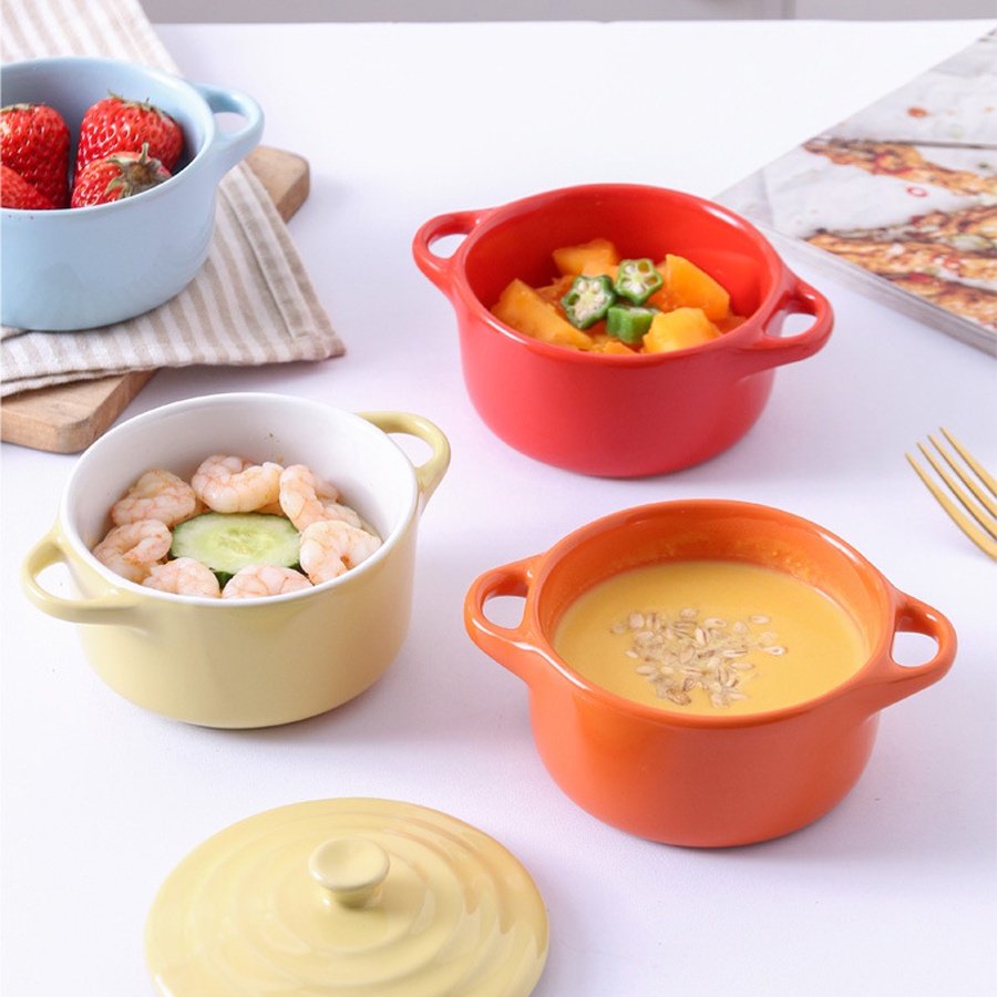 Bát nướng, bát hấp làm bánh flan bằng sứ cao cấp có nắp và tay cầm tiện dụng nhiều màu sắc