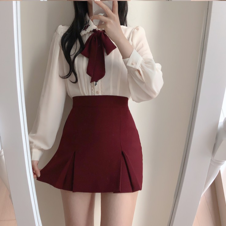 Áo sơ mi tay dài thêu ren thắt nơ cổ áo phong cách mùa xuân thanh lịch cho nữ