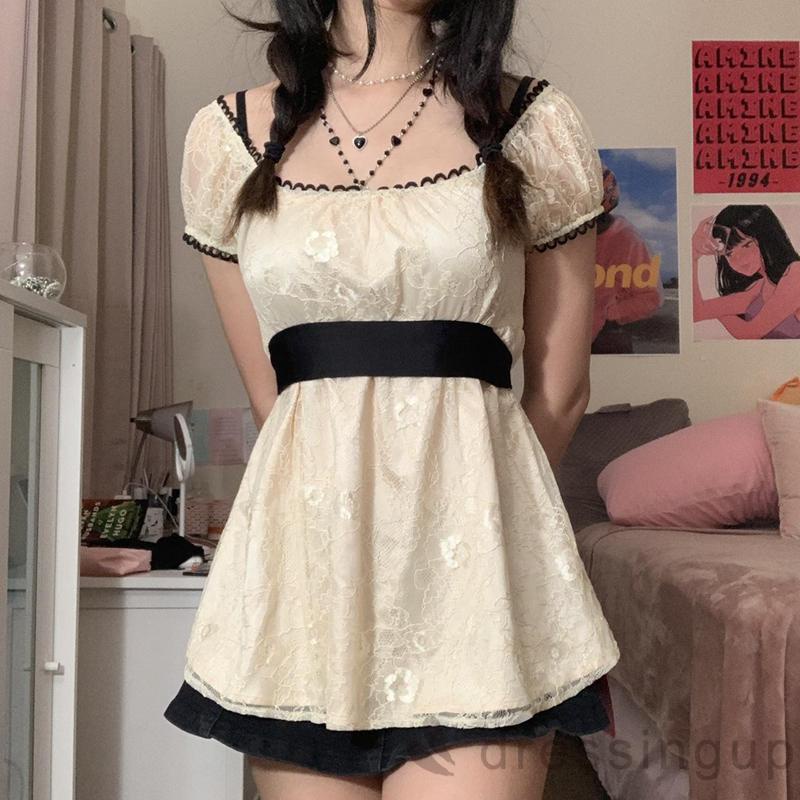 Đầm chữ A tay ngắn phối ren phong cách vintage thời trang cho nữ