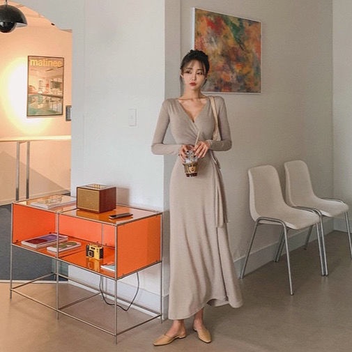 COZOK Đầm Tay Dài Dáng Ôm Chiết Eo Phong Cách Thời Trang Hàn Quốc