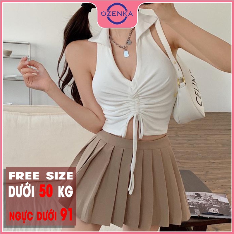 Áo croptop hai dây bản to polo cổ v nữ OZENKA , áo thun ôm body rút dây gợi cảm hở lưng mặc đi biển đi chơi dưới 50 cân