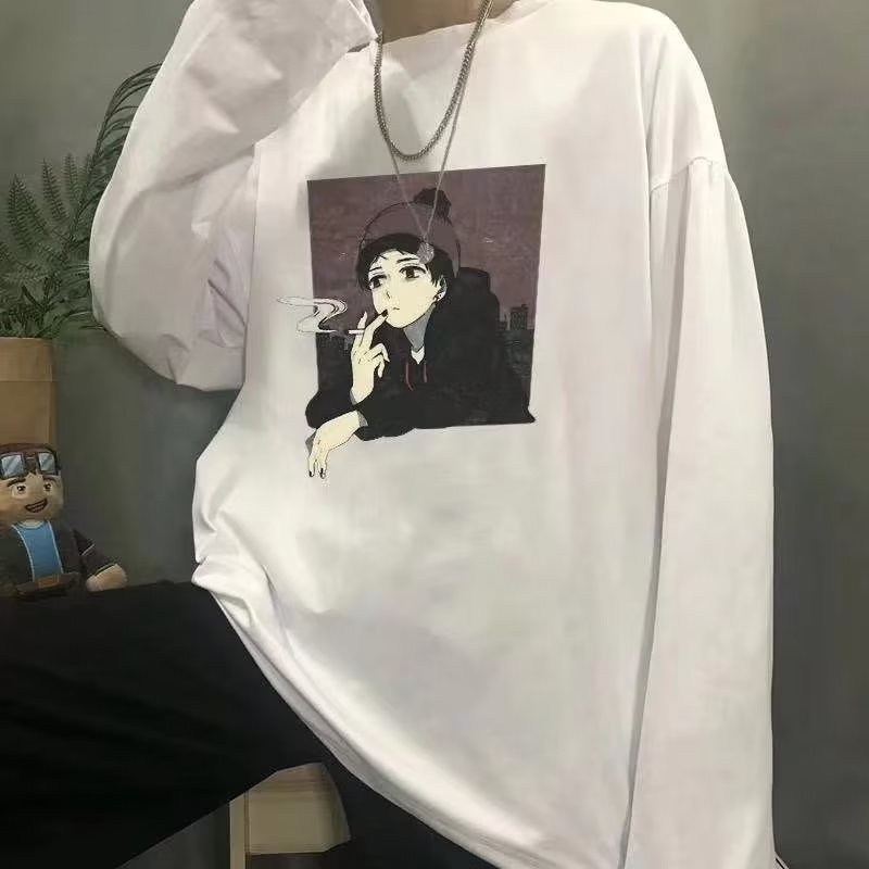 Áo Thun Tay Dài Cổ Tròn Dáng Rộng In Họa Tiết Hoạt Hình Phong Cách Hip Hop Hàn Quốc Thời Trang Cho Nam Size M-5XL