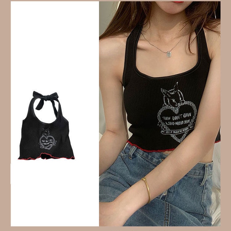 Áo Hai Dây Cổ Yếm Dáng Ngắn In Họa Tiết Thời Trang Mùa Hè Cho Nữ Y2K