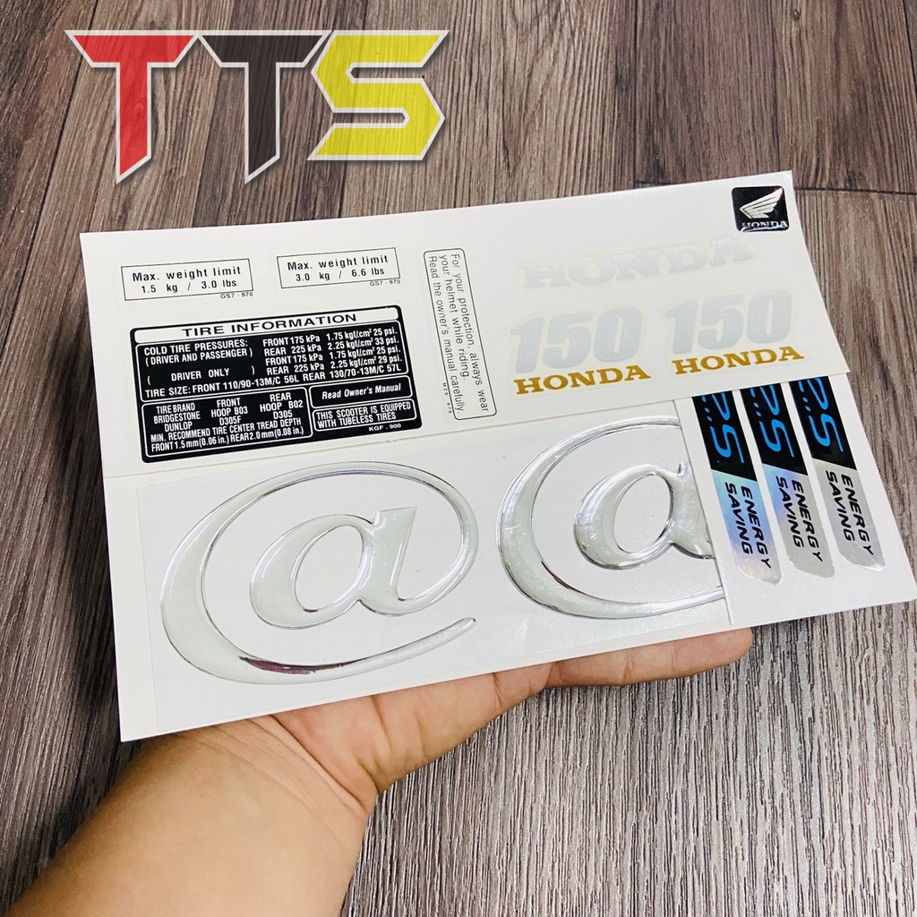Bộ tem xe Honda @ 150 chất liệu nhựa nổi cao cấp, kèm tem thông số đầy đủ dán xe