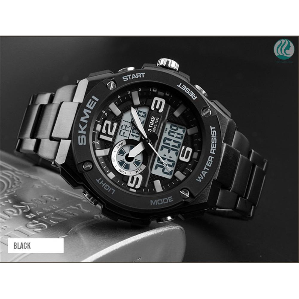 🌱SKMEI 1333 Men Quartz 3 Time Chrono Watches Countdown Analog Digital Display Wristwatch 5ATM Waterproof Fashion 